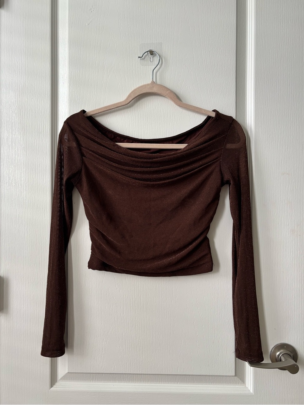Women’s Brown Long-Sleeve Draped Neck Top